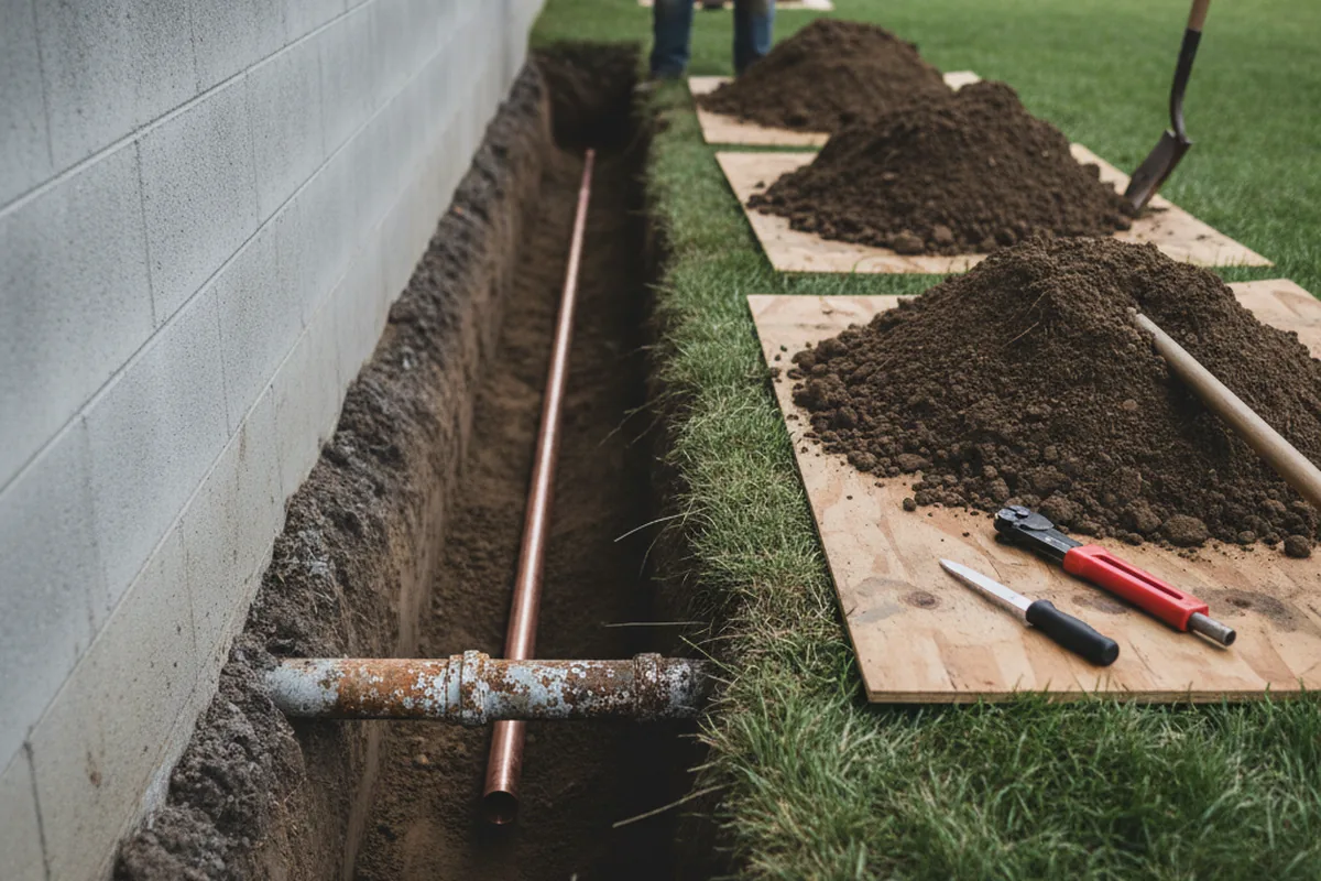 Excavated water line trench during Sewer Line Repair in Troy